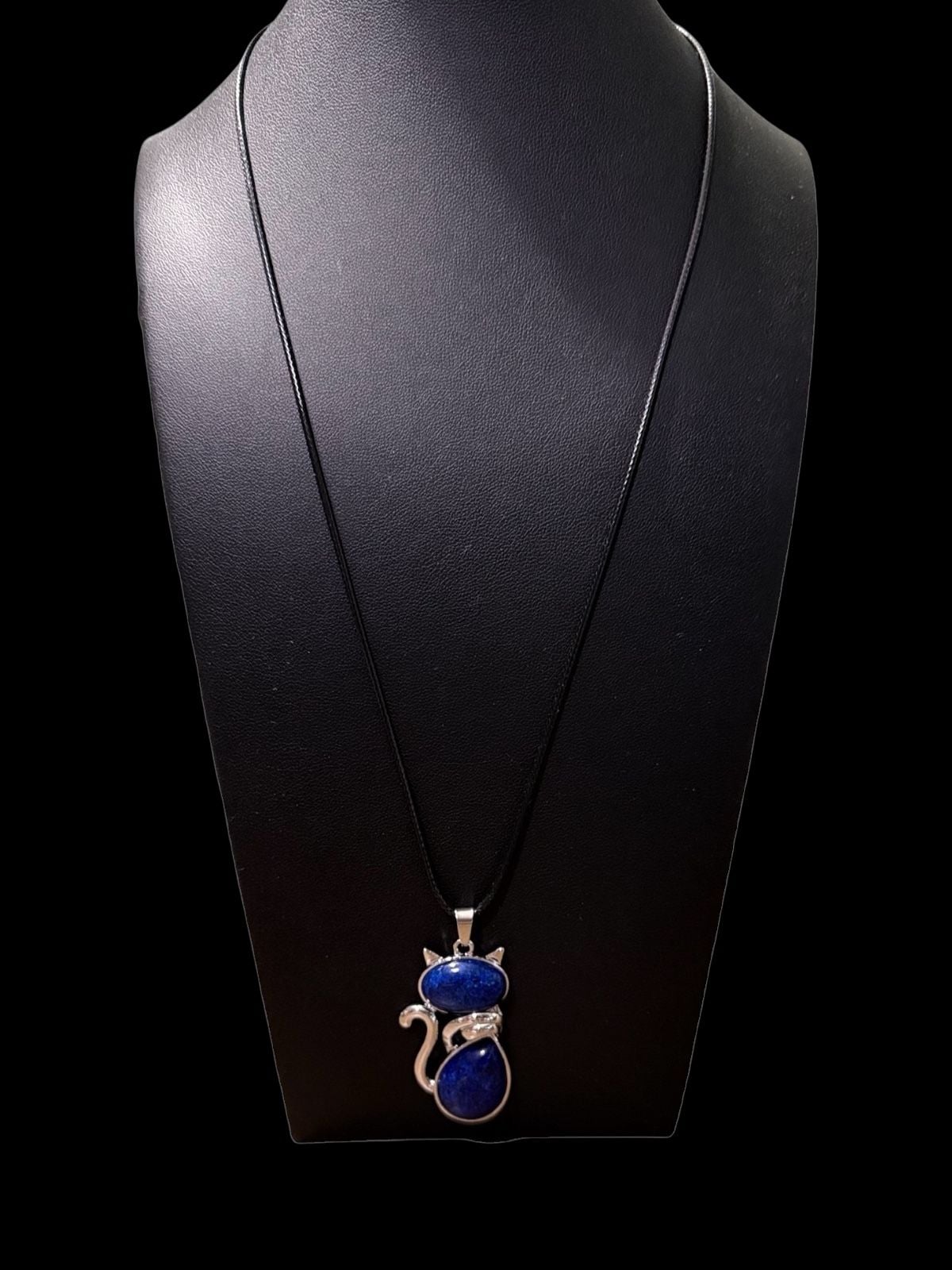 Lapis Lazuli Crystal Cat Pendant Black Cord Necklace 4