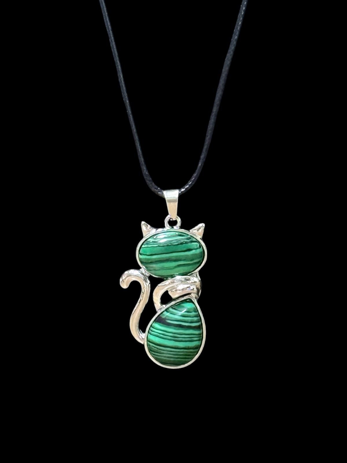 Malachite Crystal Cat Pendant Black Cord Necklace 2