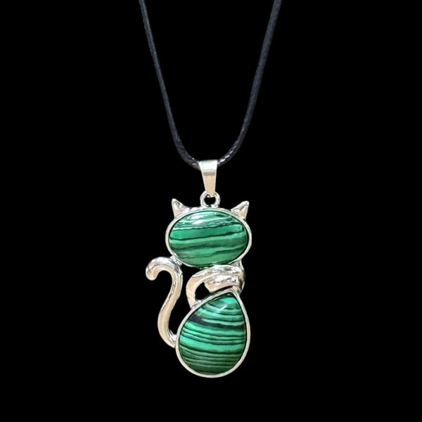 Malachite Crystal Cat Pendant Black Cord Necklace