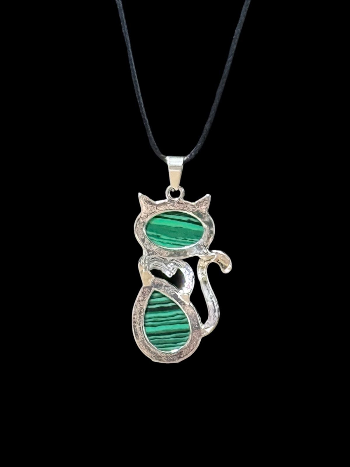 Malachite Crystal Cat Pendant Black Cord Necklace 3