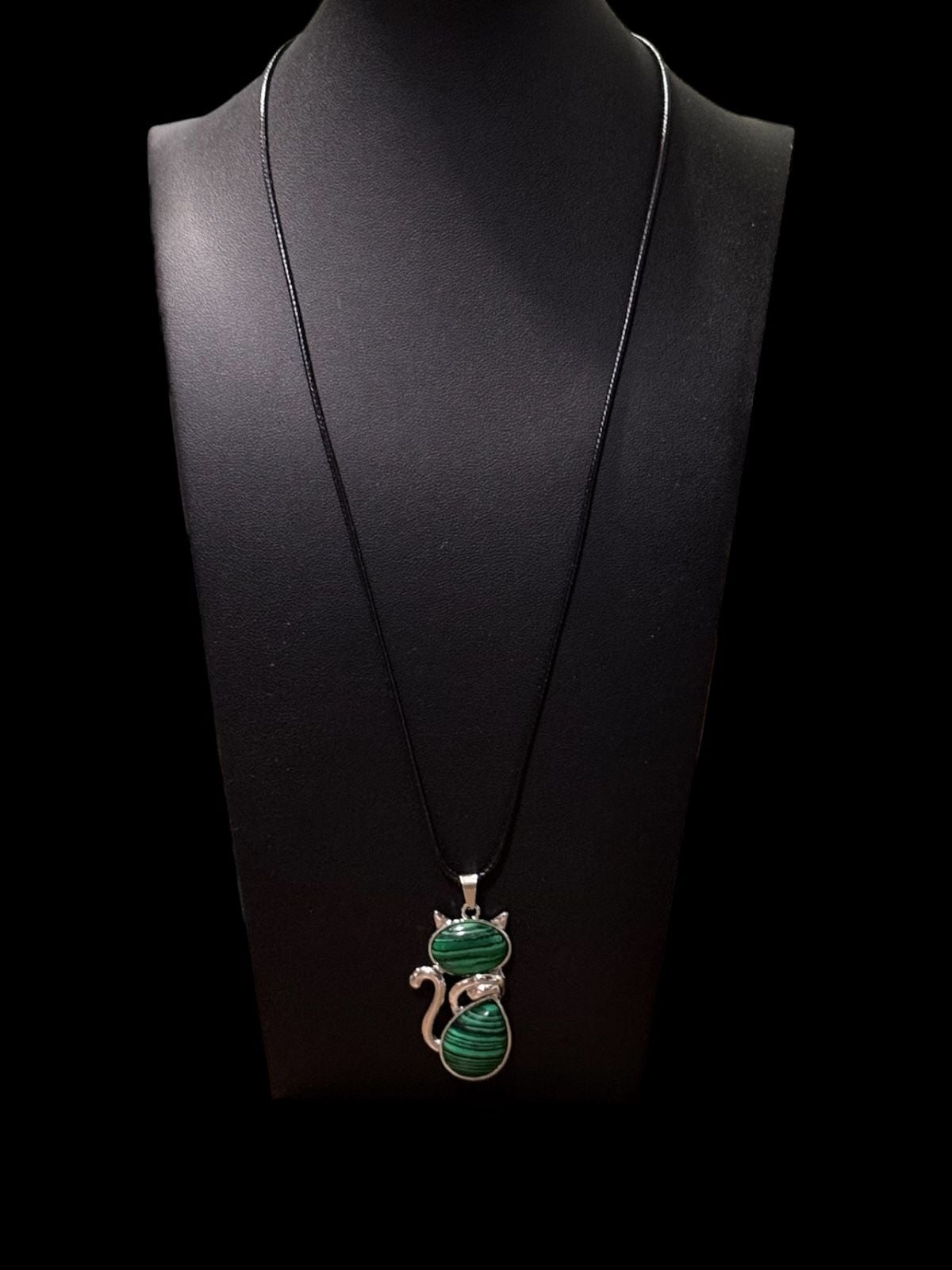 Malachite Crystal Cat Pendant Black Cord Necklace 4
