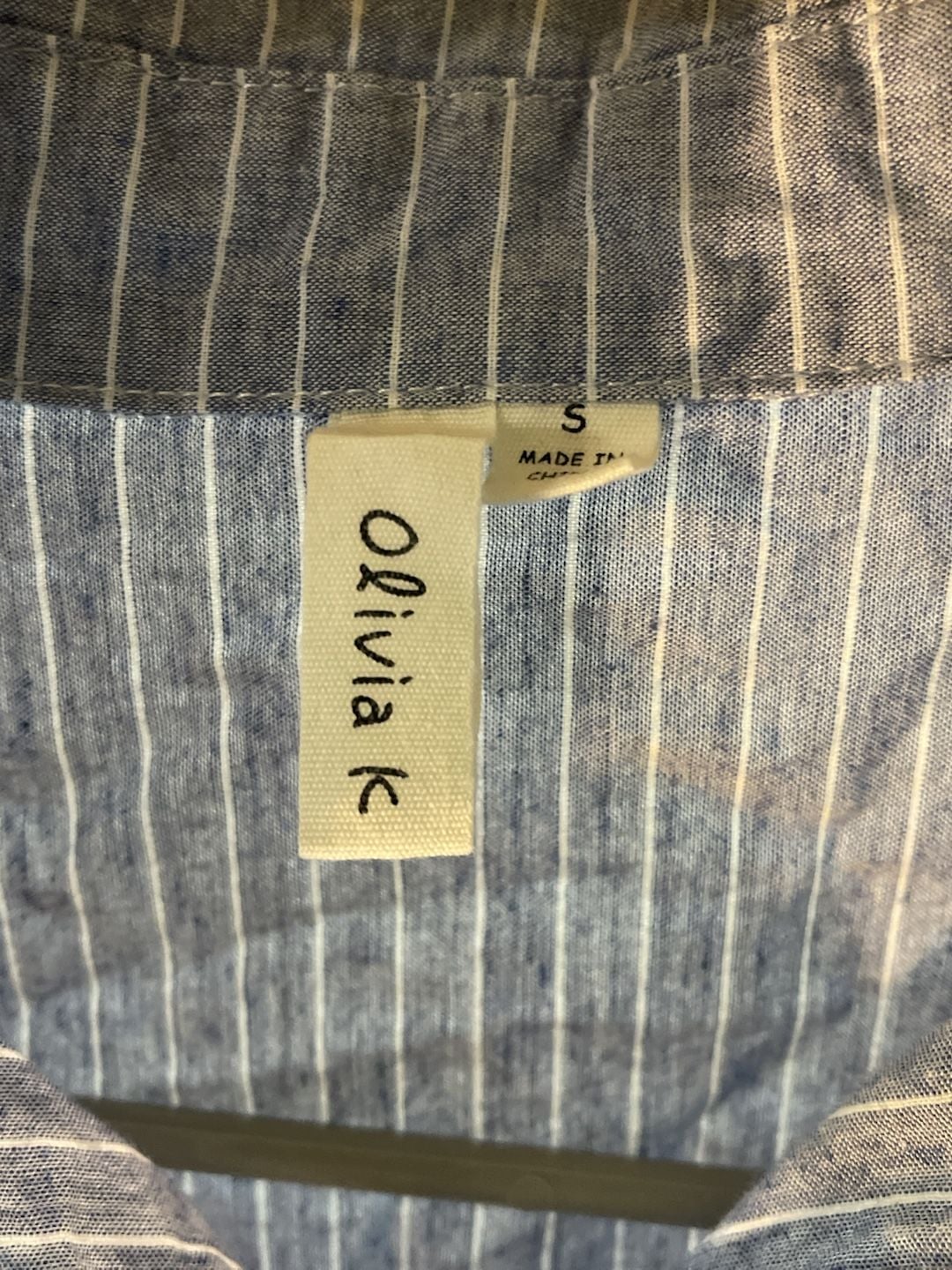 Olivia K Women's Blue Pinstripe Button-Up Shirt with Lace Shoulder Accents 3