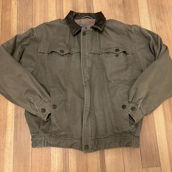 Vintage Mirage Mixed Media Leather Collar Canvas Trucker Jacket