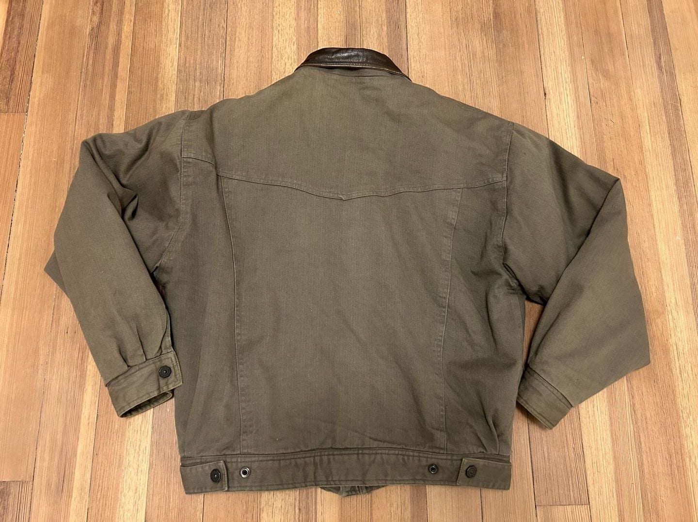 Vintage Mirage Mixed Media Leather Collar Canvas Trucker Jacket 4