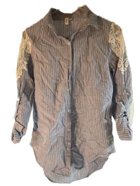 Olivia K Women's Blue Pinstripe Button-Up Shirt with Lace Shoulder Accents 2