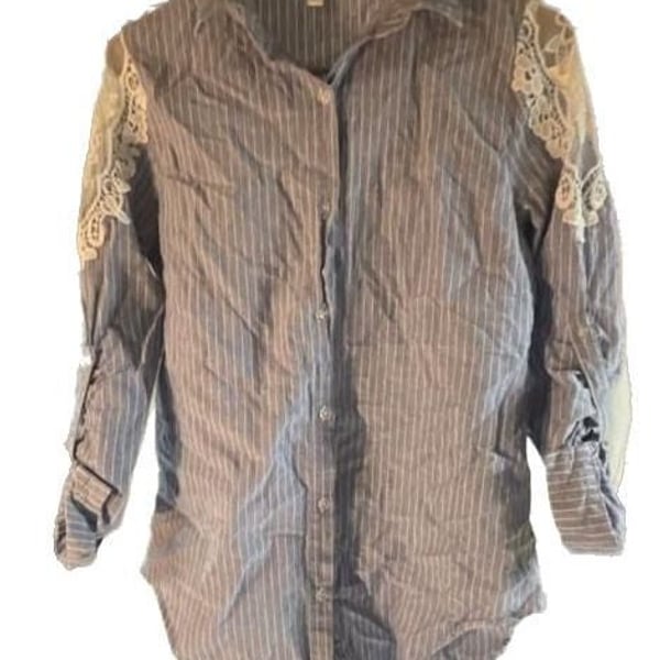 Olivia K Women's Blue Pinstripe Button-Up Shirt with Lace Shoulder Accents