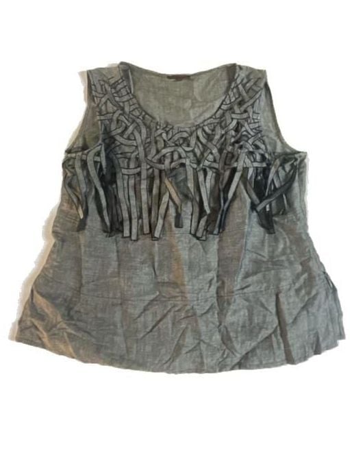 My Way Denim Blue Linen Blend Sleeveless Top with Woven Fringe Trim 2