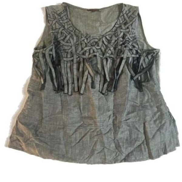 My Way Denim Blue Linen Blend Sleeveless Top with Woven Fringe Trim