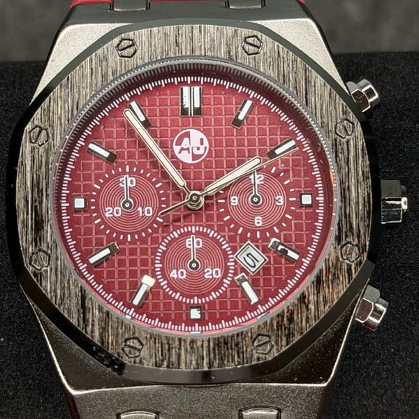 Audemaly Men's Royal Oak Style Chronograph Watch with Red Dial and Silicone Strap