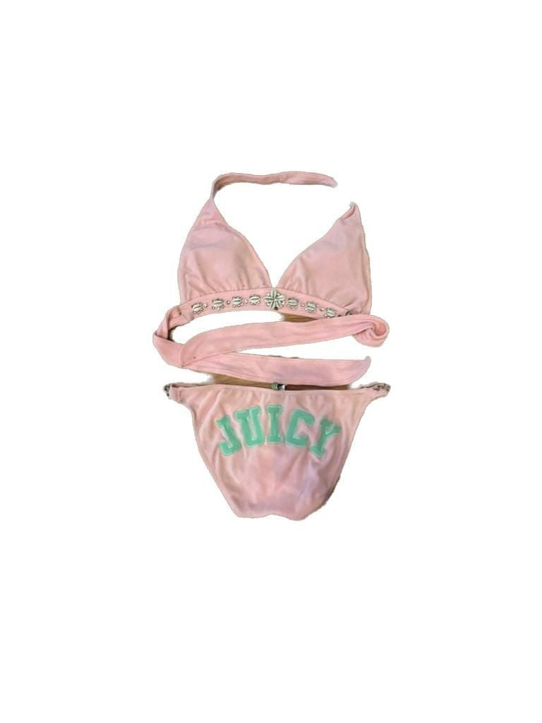 Vintage Juicy Couture Terry Cloth Pink Bikini Set with Rhinestone Shell Accents 2