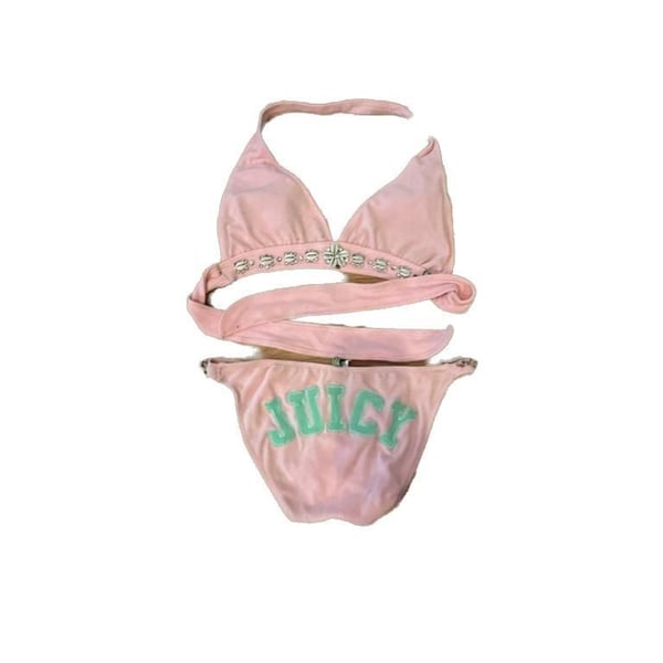 Vintage Juicy Couture Terry Cloth Pink Bikini Set with Rhinestone Shell Accents