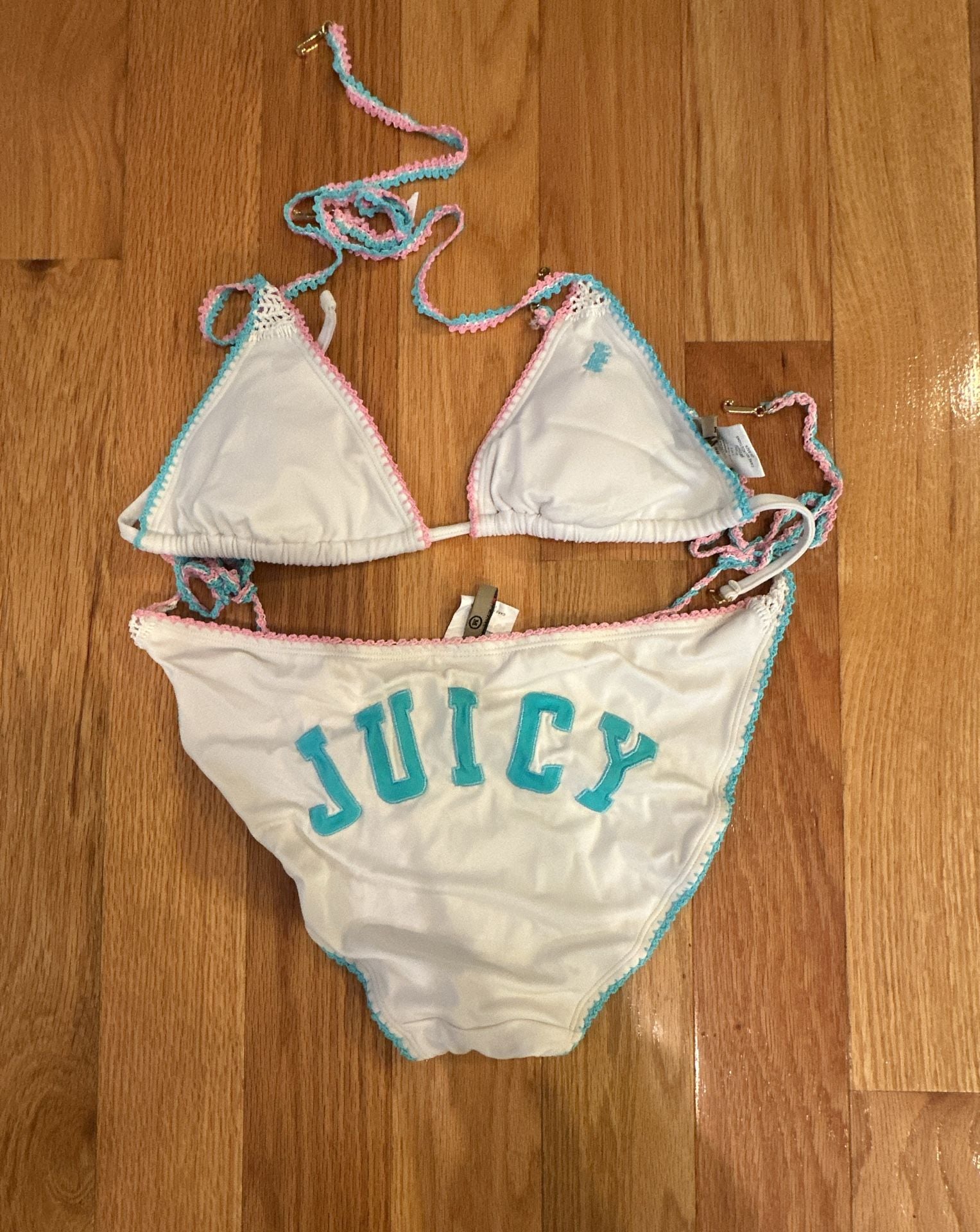 Vintage Juicy Couture Y2K Terry Cloth Bikini Set White Blue Pink Crochet Trim Medium 1