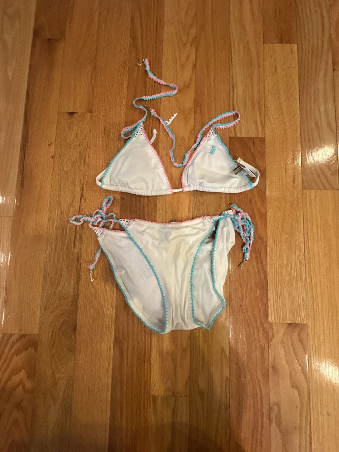 Vintage Juicy Couture Y2K Terry Cloth Bikini Set White Blue Pink Crochet Trim Medium 2