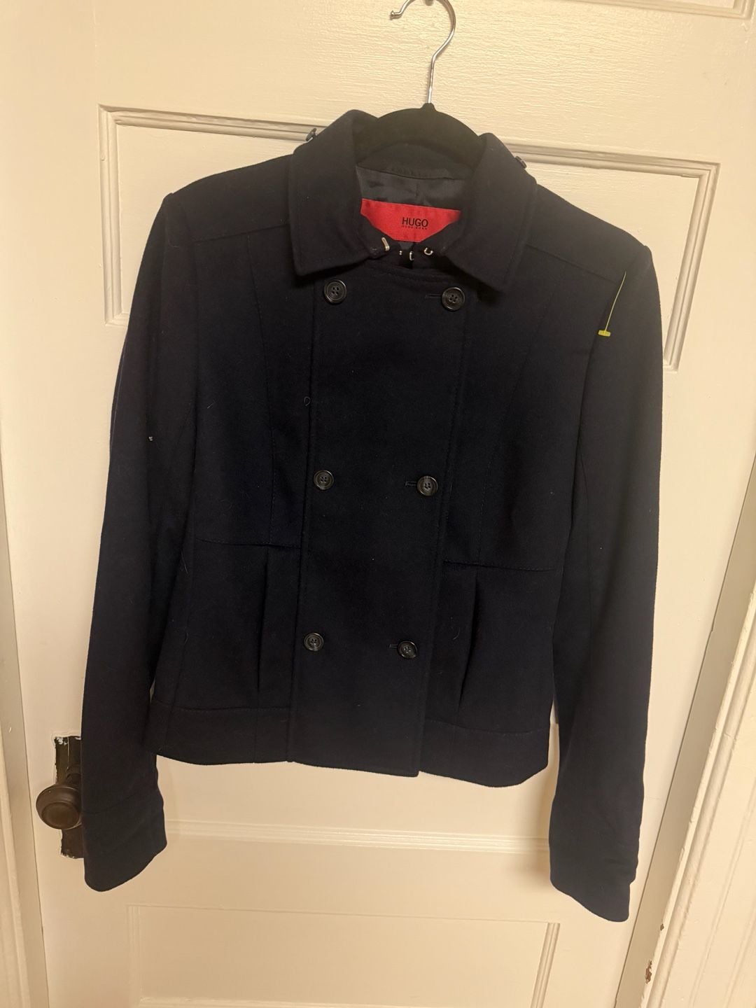 Hugo Boss Women's Navy Blue Double Breasted Cropped Pea Coat Jacket 2