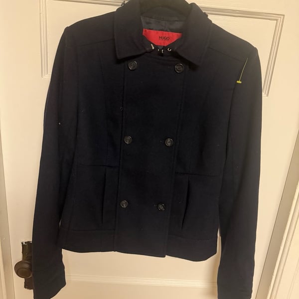 Hugo Boss Women's Navy Blue Double Breasted Cropped Pea Coat Jacket