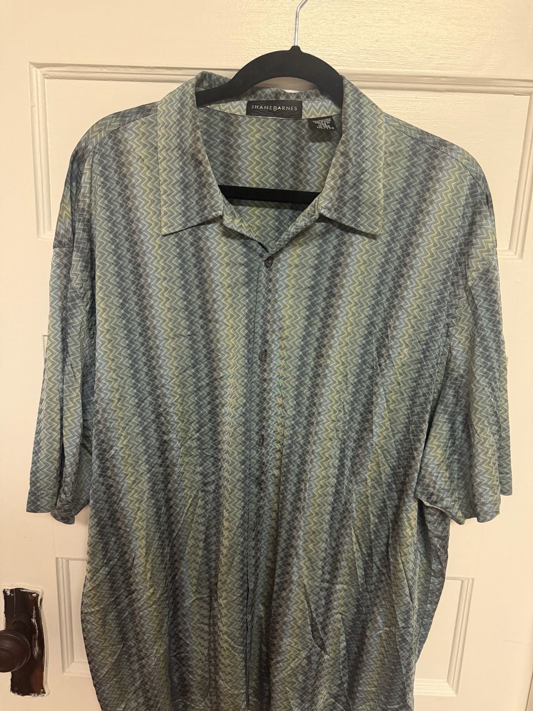 Jhane Barnes Vintage 100% Silk Zig Zag Geometric Print Short Sleeve Button Down Shirt 2