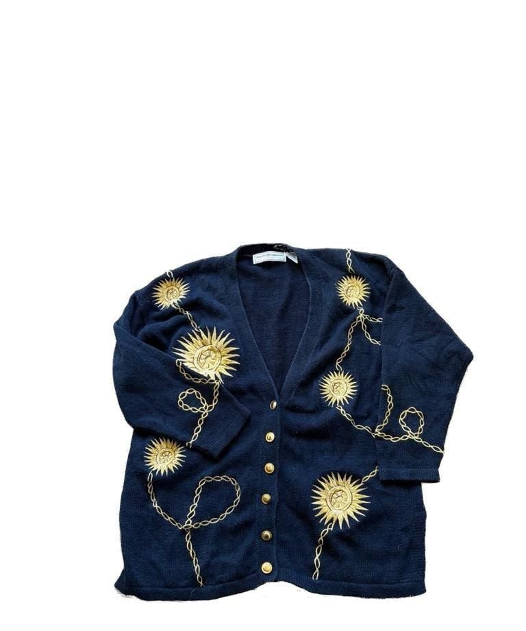 Vintage Maggie Lawrence Celestial Sun & Chain Embroidered Cardigan 2