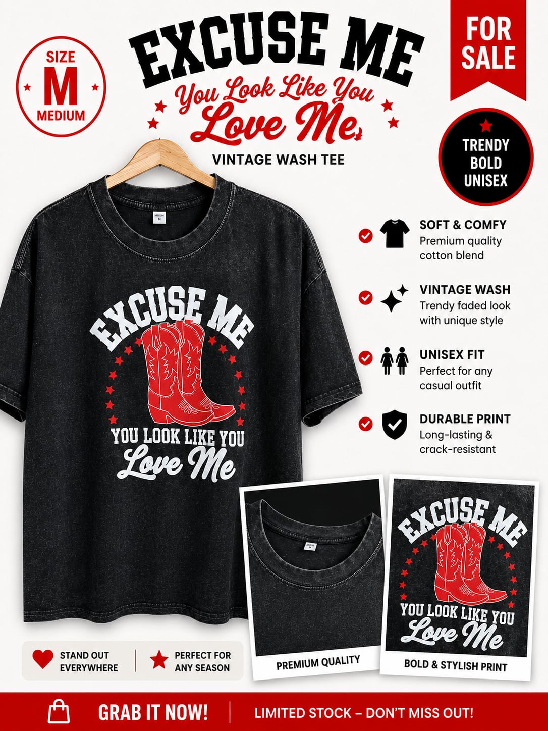 Lytiarul Western Cowboy Boots Excuse Me You Look Like You Love Me Vintage Wash Graphic Tee 2
