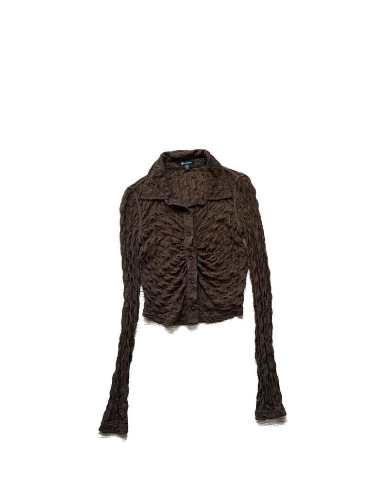 Versona Brown Textured Mesh Long Sleeve Button Up Collared Top 2