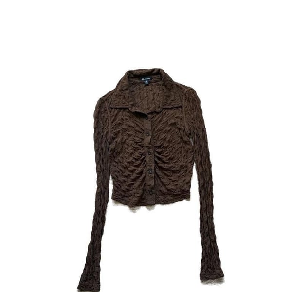 Versona Brown Textured Mesh Long Sleeve Button Up Collared Top
