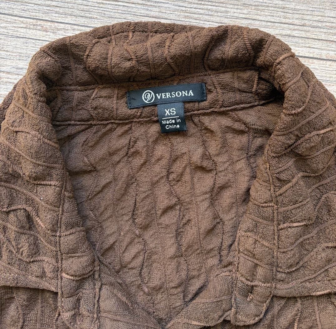 Versona Brown Textured Mesh Long Sleeve Button Up Collared Top 3