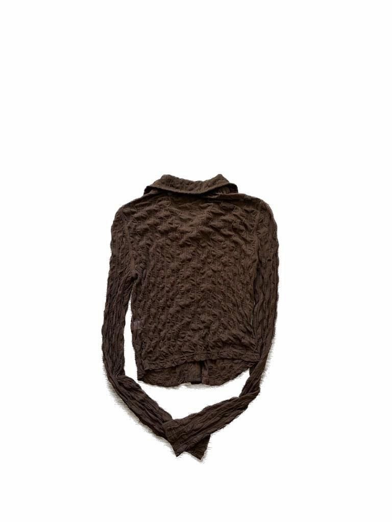 Versona Brown Textured Mesh Long Sleeve Button Up Collared Top 4