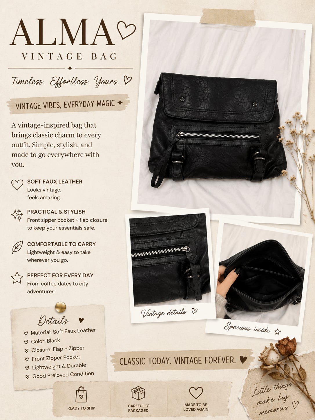 Sorpresa Vintage Style Black Faux Leather bag 2