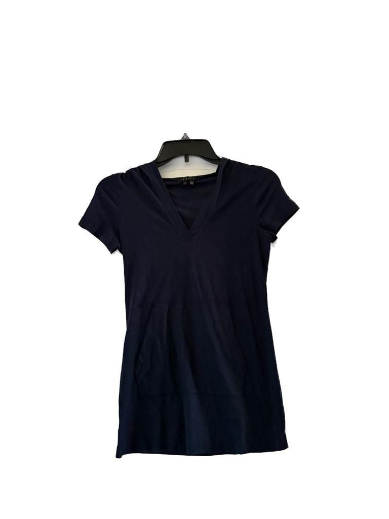 Theory Navy Blue V-Neck Short Sleeve Hooded Tee with Front Pocket 2