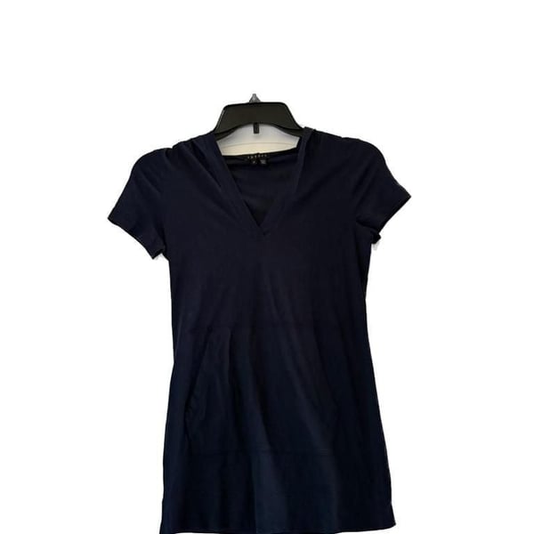 Theory Navy Blue V-Neck Short Sleeve Hooded Tee with Front Pocket