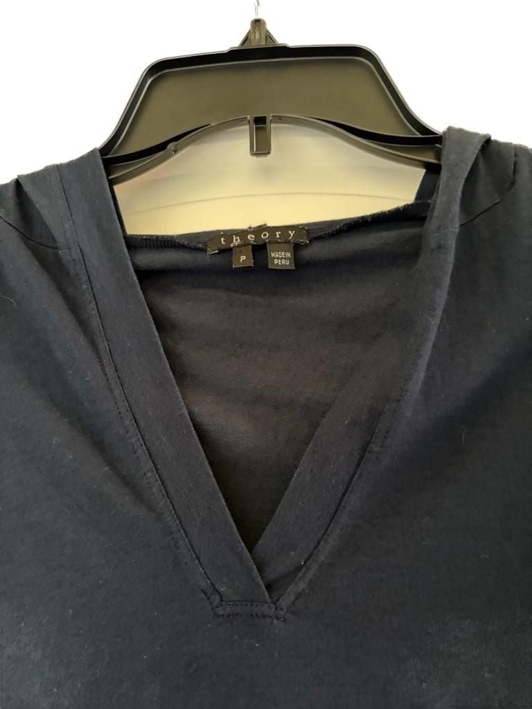 Theory Navy Blue V-Neck Short Sleeve Hooded Tee with Front Pocket 3