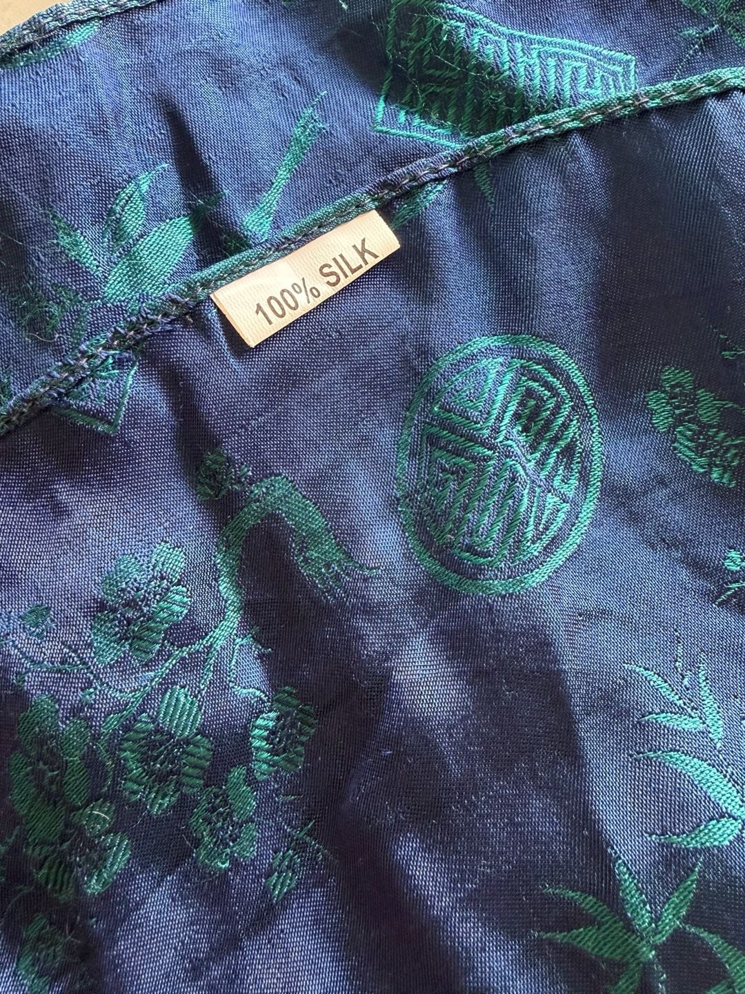 Vintage 100% Silk Teal and Blue Jacquard Scarf with Chinese Longevity Symbols and Fringed Edges 3