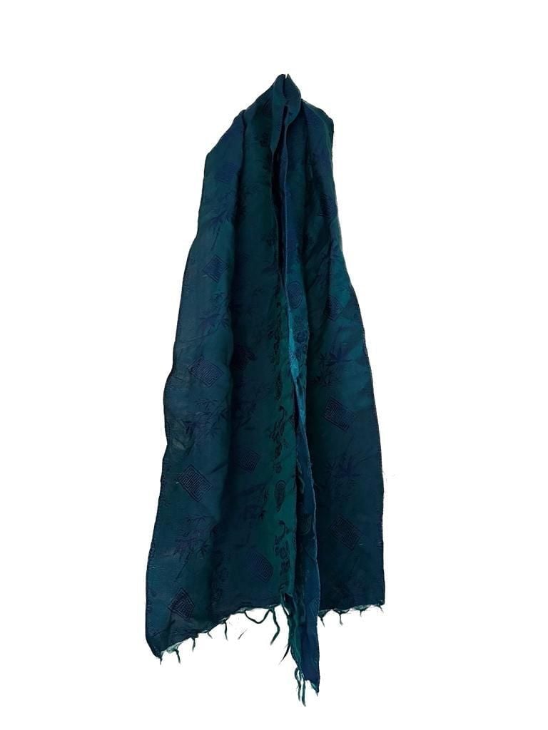 Vintage 100% Silk Teal and Blue Jacquard Scarf with Chinese Longevity Symbols and Fringed Edges 1