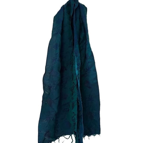 Vintage 100% Silk Teal and Blue Jacquard Scarf with Chinese Longevity Symbols and Fringed Edges