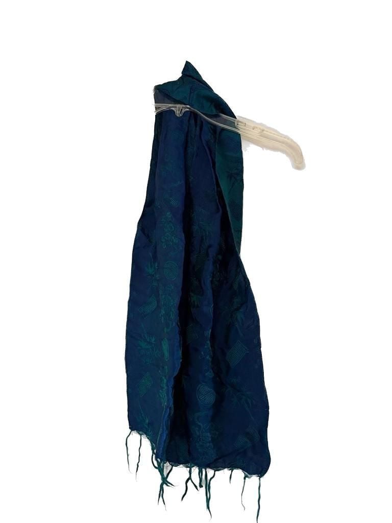 Vintage 100% Silk Teal and Blue Jacquard Scarf with Chinese Longevity Symbols and Fringed Edges 2