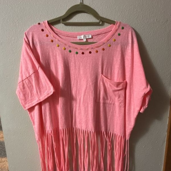 Ces Femme Pink Studded Pocket Fringe Hem T-Shirt