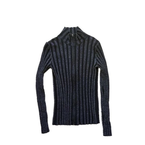 Pure Amici Metallic Silver and Black Ribbed Full-Zip Mock Neck Sweater