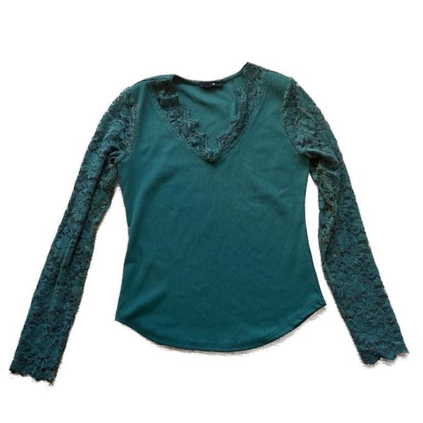 MINE Forest Green Ribbed Lace Trim V-Neck Long Sleeve Top