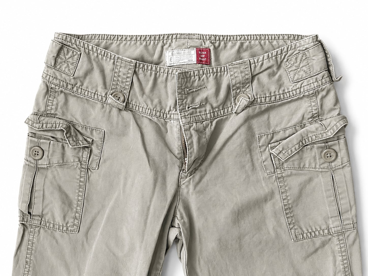 Old Navy Ultra Low Waist Cargo Pants Gray Button Hem Y2K Style 6