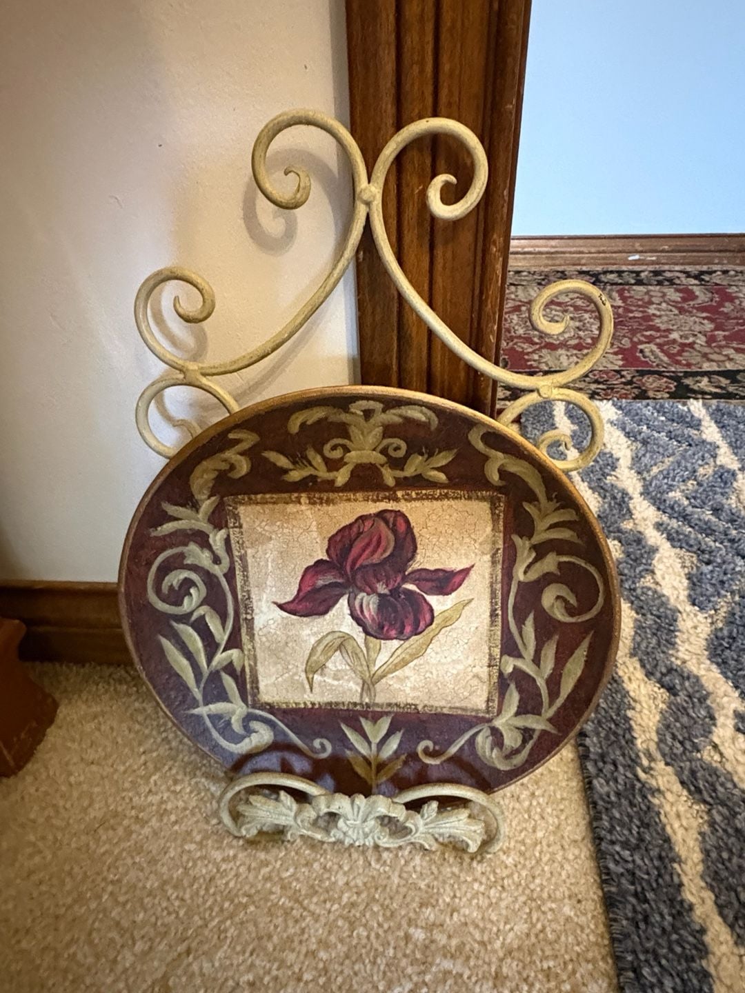 Vintage Toyo Burgundy Iris Floral Decor Plate with Wrought Iron Scroll Stand 1