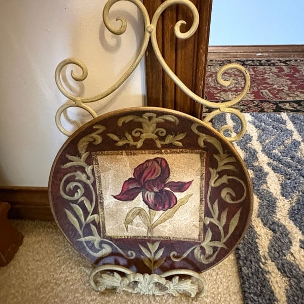 Vintage Toyo Burgundy Iris Floral Decor Plate with Wrought Iron Scroll Stand