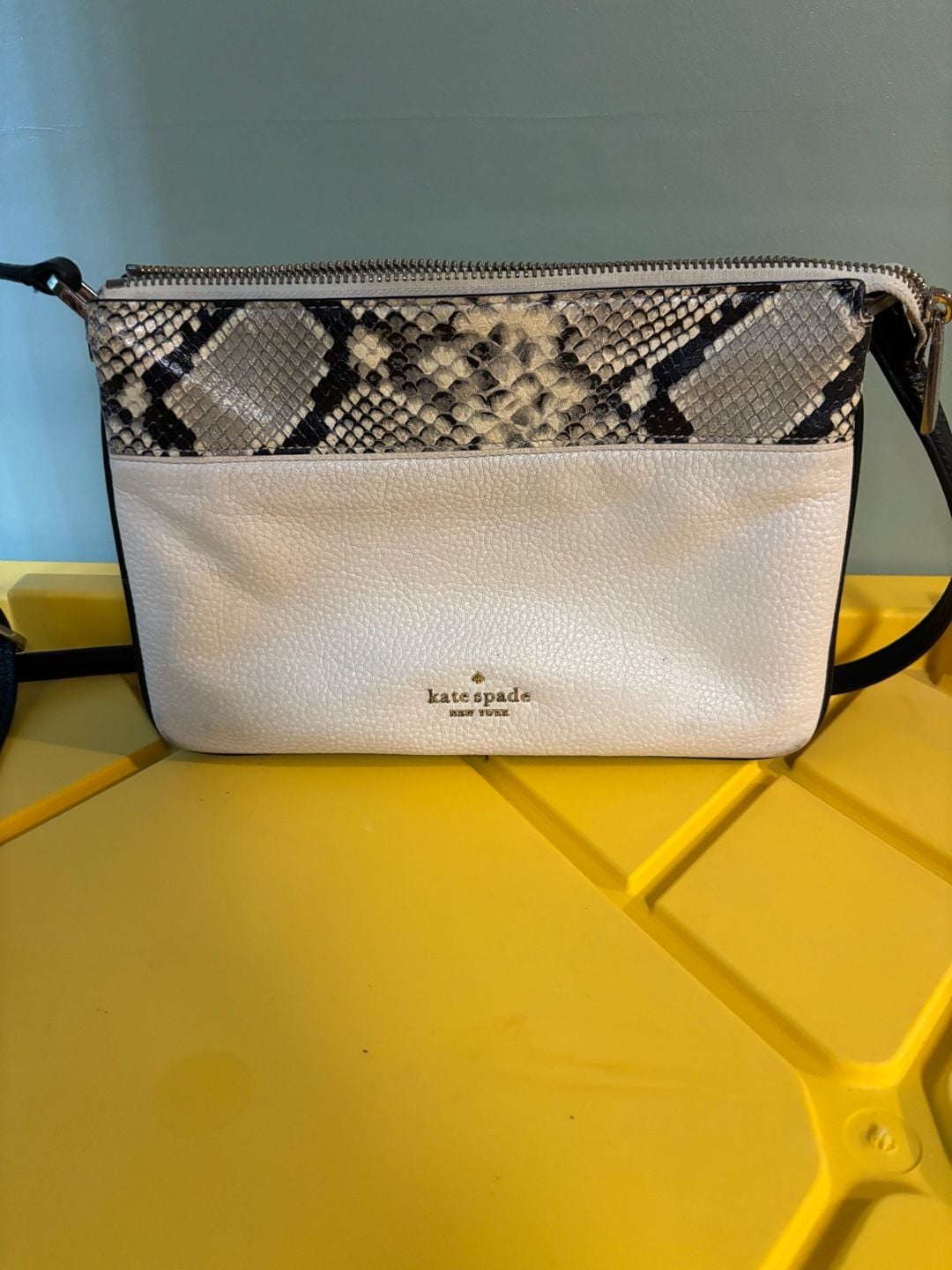 Kate Spade Leila Mixed Material Triple Gusset Crossbody Bag in Parchment Multi Snake Multi 2
