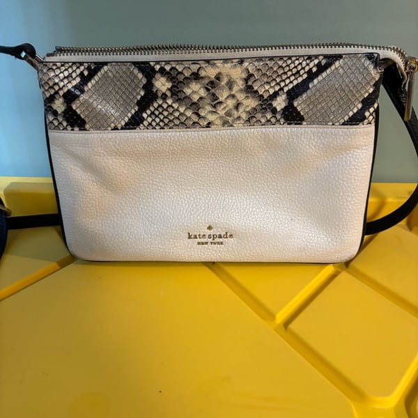 Kate Spade Leila Mixed Material Triple Gusset Crossbody Bag in Parchment Multi Snake Multi