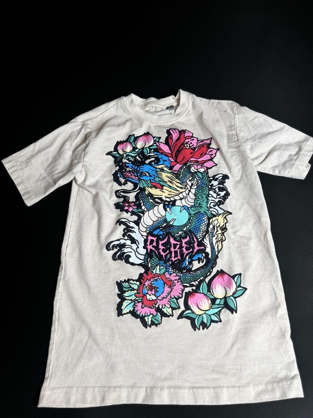 Rebel Vengeance Japanese Tattoo Style Dragon and Floral Graphic T-Shirt 2