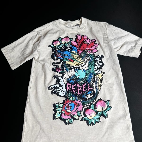 Rebel Vengeance Japanese Tattoo Style Dragon and Floral Graphic T-Shirt