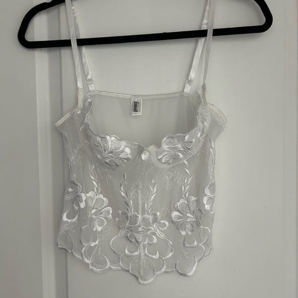 Frederick's of Hollywood Sheer Floral Embroidered Corset Bustier Cami Top L