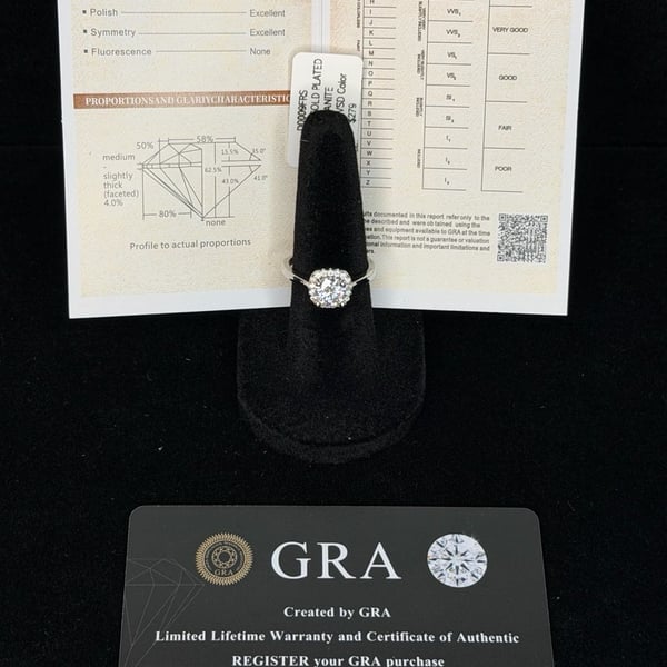 18K White Gold Plated Moissanite Halo Ring. Features a stunning 1.0ct
