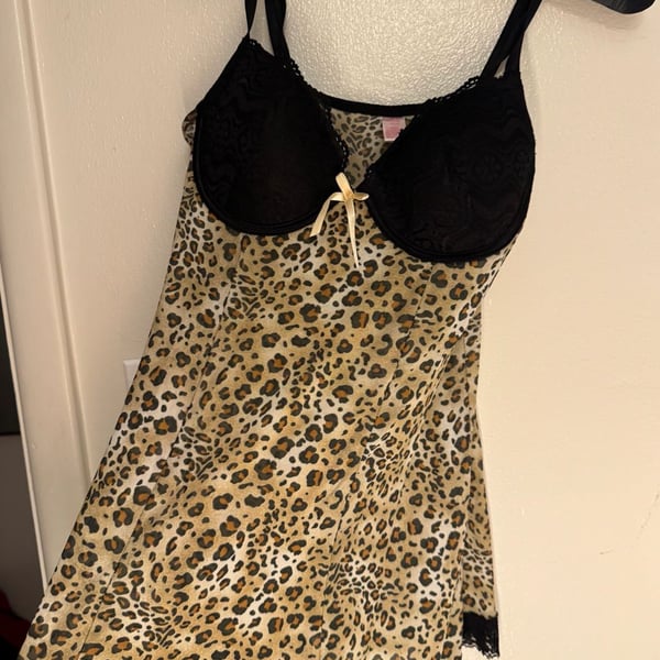 Native Intimates Leopard Print Mesh Lace Trim Chemise Slip Dress 34C/M