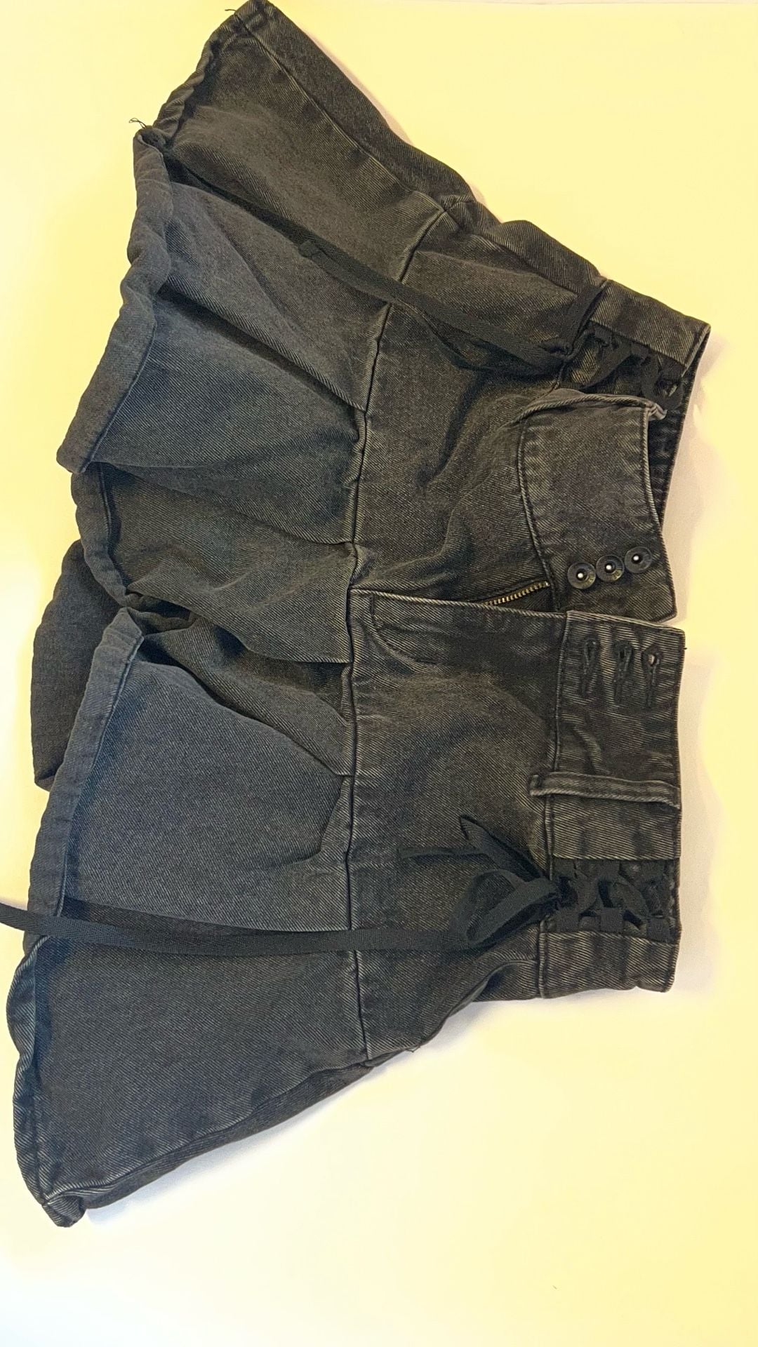 Social Collision Black Acid Wash Pleated Denim Mini Skirt with Lace-Up Sides 2