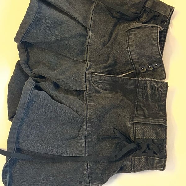 Social Collision Black Acid Wash Pleated Denim Mini Skirt with Lace-Up Sides