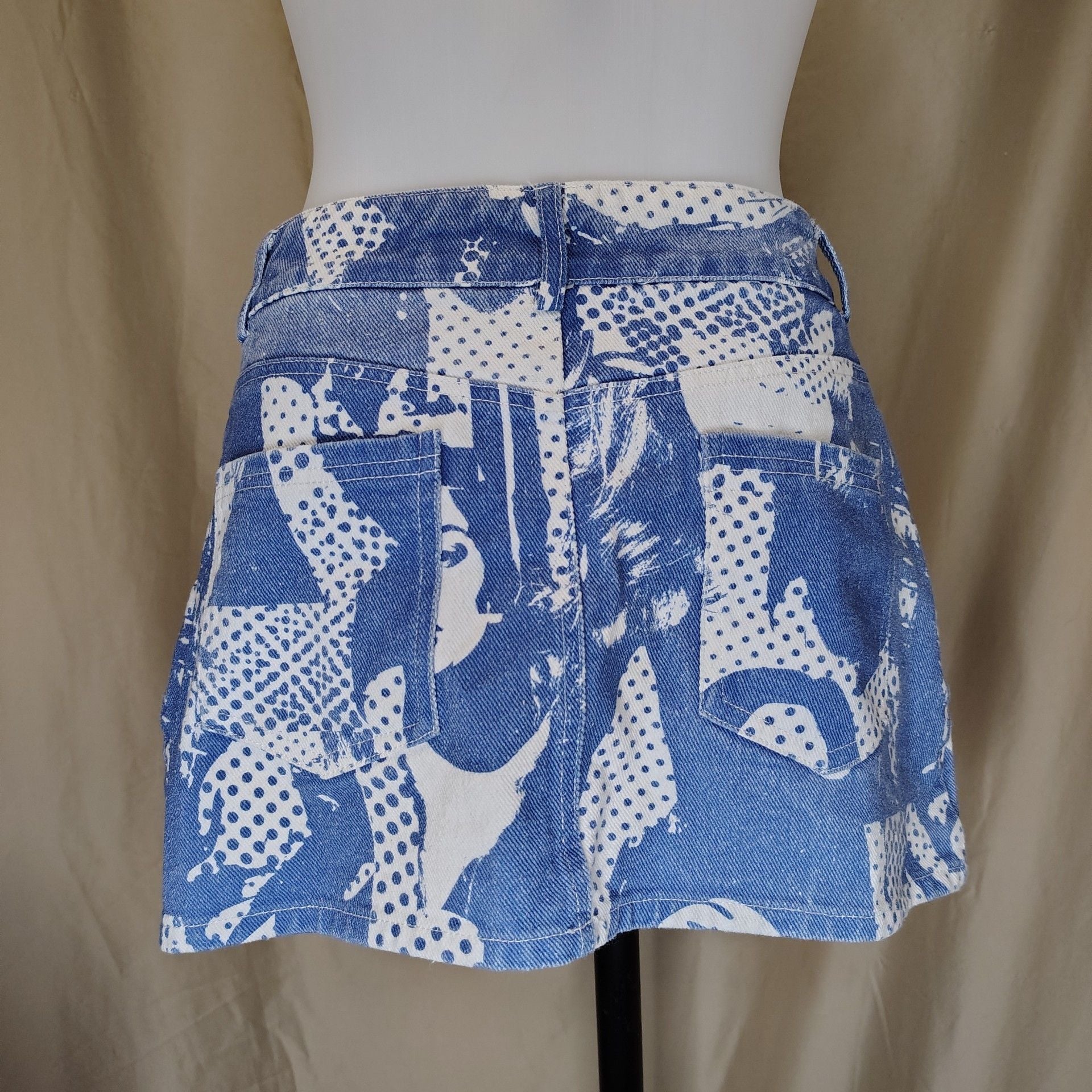 Edikted Blue Andy Face Graphic Print Denim Mini Skirt 5